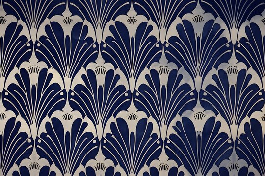 seamless damask pattern, midnight blue on beige background, Art Deco style, roaring 20s 