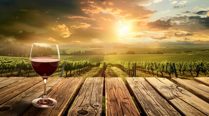 A glass of red wine is on a wooden table in front of a beautiful vineyard