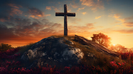 a cross on a hill with a sunset behind it
