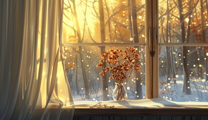A warm room with white curtains, snow outside the window, and an indoor flower vase on the windowsill