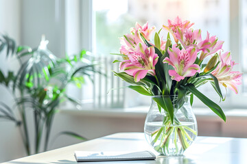 Spring flowers in vase on table near window in house.