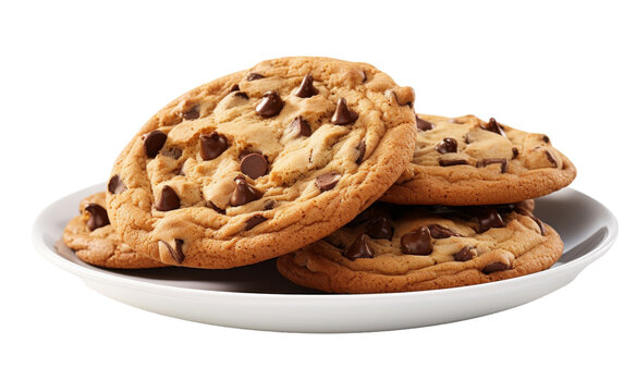 A plate of irresistible chocolate chip cookies on a pristine white background