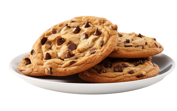 A plate of irresistible chocolate chip cookies on a pristine white background