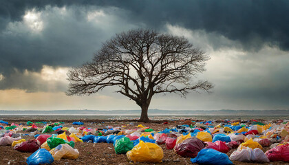 A large dry solitary tree without leaves amidst colorful plastic waste under a dramatic sky, illustrating environmental pollution. - obrazy, fototapety, plakaty