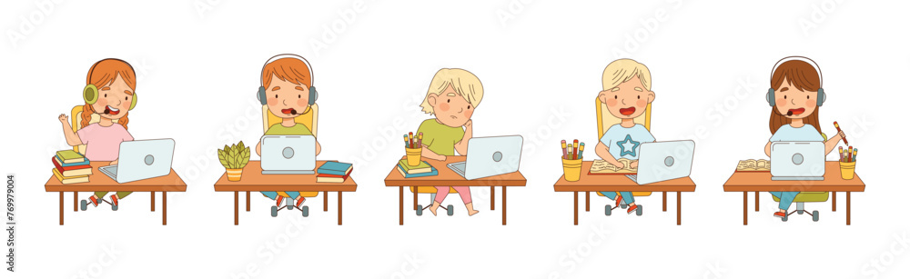 Poster children learn from home having remote class vector set