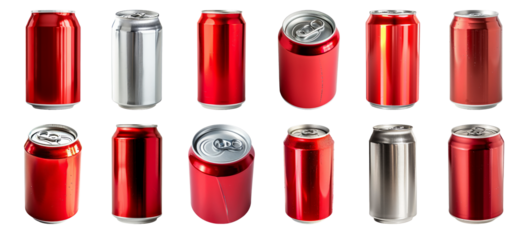 Red and silver soda cans collection isolated cut out on transparent background