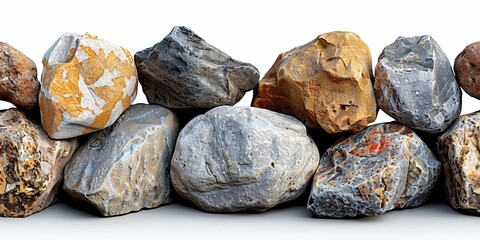 A collection of various stones and rocks, isolated on a white background, showcasing different textures and colors.