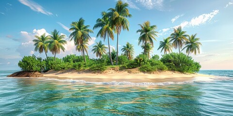 A tranquil beach scene with palm trees, clear blue waters, and distant islands on the horizon.