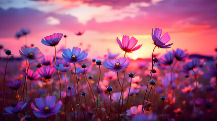 a field filled with colorful wild flowers during sunset