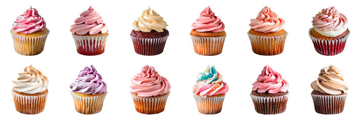Gourmet frosted cupcakes in a variety of flavors cut out on transparent background