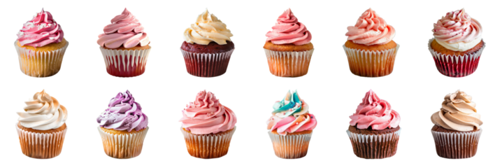 Gourmet frosted cupcakes in a variety of flavors cut out on transparent background