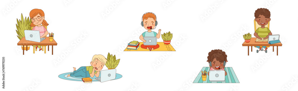 Poster children learn from home having remote class vector set