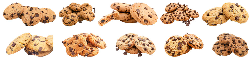 Assorted chocolate chip cookies cut out on transparent background