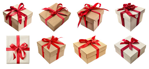 Assorted gift boxes with red ribbons cut out on transparent background