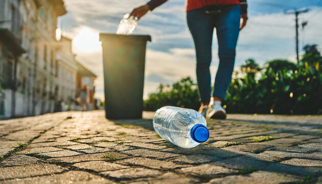 A person discarding a plastic bottle near a bin, another bottle lies on the ground, symbolizing improper waste disposal.