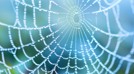 A dew-covered spider web glistening in the early morning light, with each droplet reflecting the sunrise colors on a soft blue background.