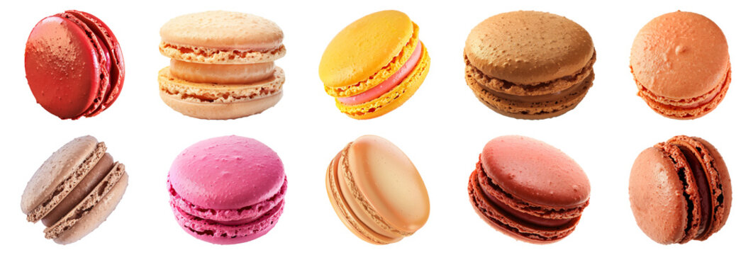 Assorted colorful macarons cut out on transparent background
