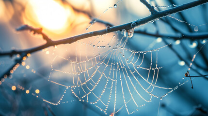 A dew-covered spider web glistening in the early morning light, with each droplet reflecting the sunrise colors on a soft blue background.