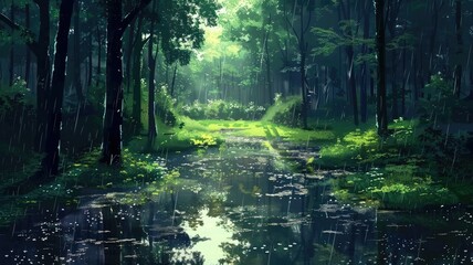 Enchanted forest trail with sunshine and pond - A captivating forest scene with a glittering pond reflecting sunlight amidst towering trees and lush greenery