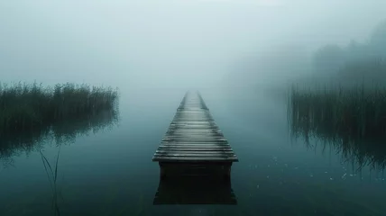 Foto op Plexiglas Endless wooden jetty vanishing in thick fog - A captivating image of a wooden jetty extending endlessly into dense fog surrounded by reeds © Mickey