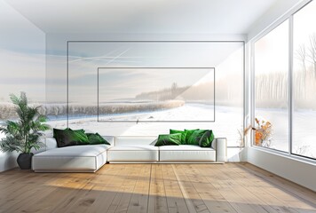 Living room with a wooden floor, sofa and window overlooking the snowy landscape outside