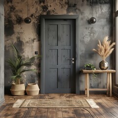 Interior of modern living room with gray walls, wooden floor, dark wooden door and plants. 3d render