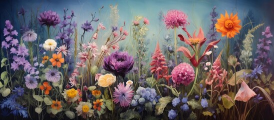 A vibrant painting depicting a field of colorful flowers, including violet, magenta, and other flowering plants, set against a serene blue background