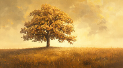 A lone oak tree standing resiliently in a field, its branches heavy with acorns, against a harvest gold background.