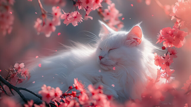 an adorable schrimp for my white cat, Cherry blossoms,generative ai
