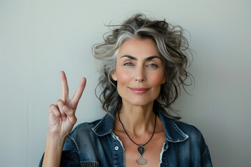Portrait of a Mature Woman with Grey Hair Showing Victory Sign: Studio Success Portrait in Denim Blouse Against Grey Wall.	