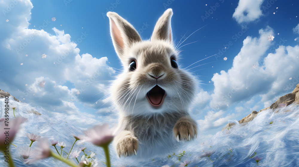 Poster rabbit jumps directly into the camera in a flowering field