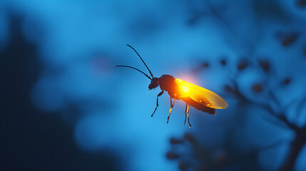 A luminous firefly at dusk, its light glowing softly against a dusk blue background.