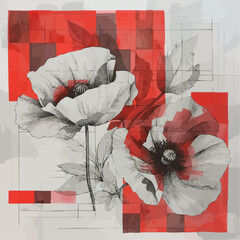 Geometric Abstract Poppies, Red and Grey, Modern Floral Artwork with Copy Space