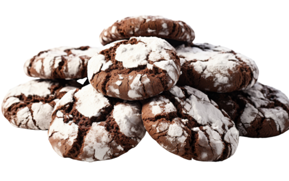 A pile of chocolate crinkle cookies dusted with powdered sugar