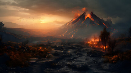 a scene of a volcanic landscape - obrazy, fototapety, plakaty