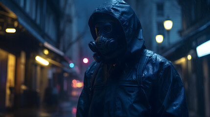 a soldier in a raincoat and black helmet is standing on a dark street