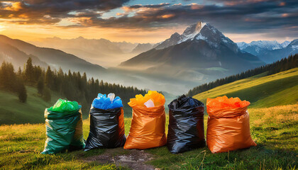 Five Colorful plastic garbage bags in pristine mountain landscape at sunrise, highlighting environmental conservation efforts.