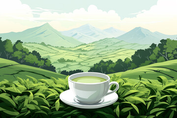 Tea cup with matcha green tea, serene tea plantation view on background, illustration - 769981085