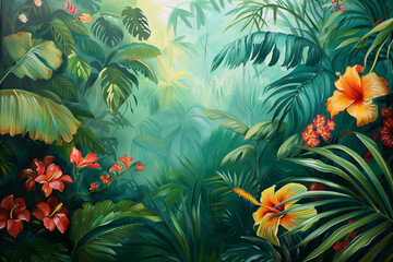 A painting of a jungle with a variety of flowers and plants - obrazy, fototapety, plakaty