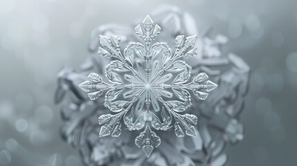 A perfectly symmetrical snowflake, its intricate patterns visible, against a cool silver background.