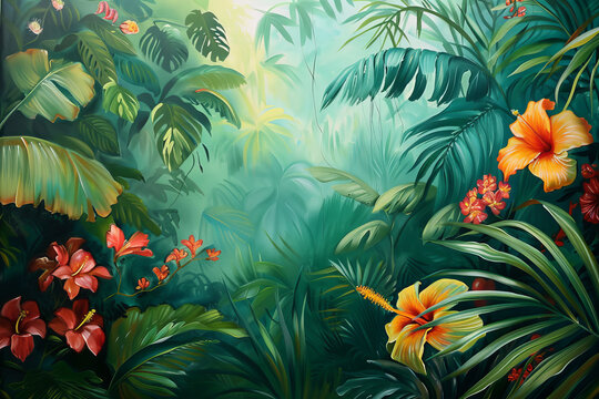 A painting of a jungle with a variety of flowers and plants