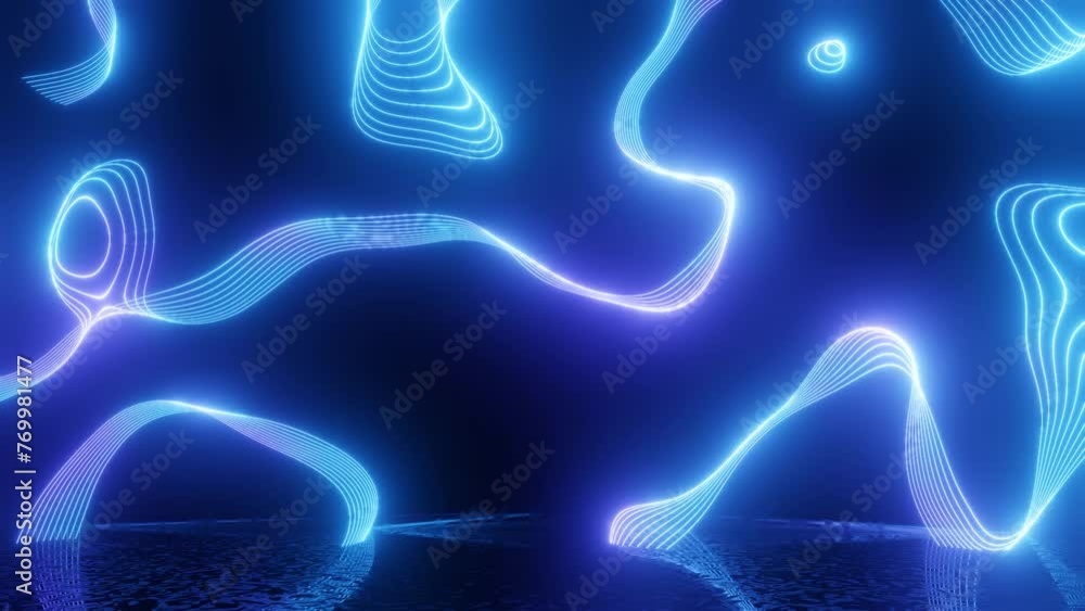 Poster neon design of blue purple pattern wall in motion 4k video with various neon elements and a reflecti