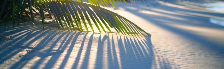 Top view of tropical leaf shadows on top. The shadows of palm leaves on the white sand. Beautiful abstract background concept banner summer vacation at the beach.