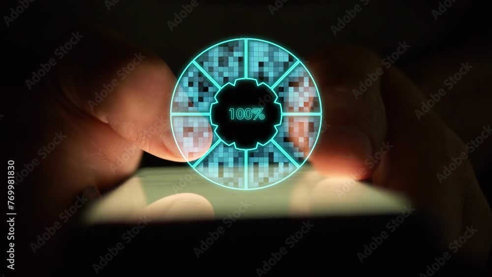 Wall mural cg digital pie chart of turquoise color showing one hundred percent load by sector is divided into s