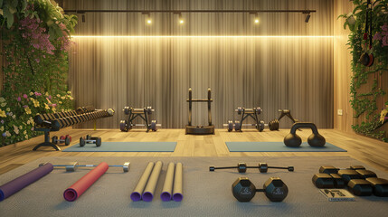 Serene Fitness Space with Yoga Mats, Dumbbells, and More - obrazy, fototapety, plakaty