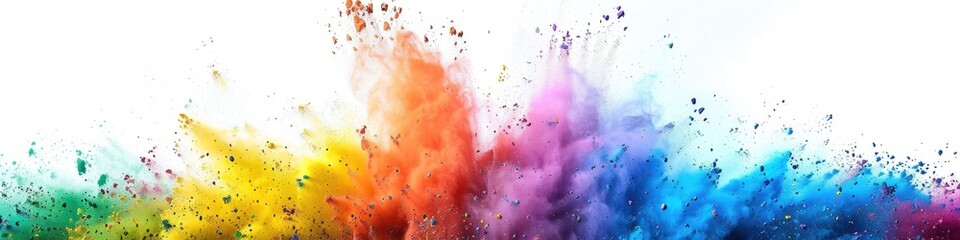 Color Background. Panoramic View of Rainbow Holi Paint Explosion in Isolated White Backdrop