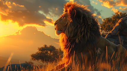 Lion at sunset. Created with generative AI. - obrazy, fototapety, plakaty