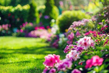 Landscape Gardening. Stunning Flower Blossoms in a Vibrant Home Garden - obrazy, fototapety, plakaty