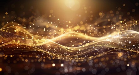 Light On. Dark Brown Abstract Background with Golden Light Lines and Sparkling Waves