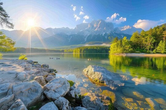 Background Pictures. Amazing Sunrise at Eibsee Lake with Zugspitze Mountain in German Alps